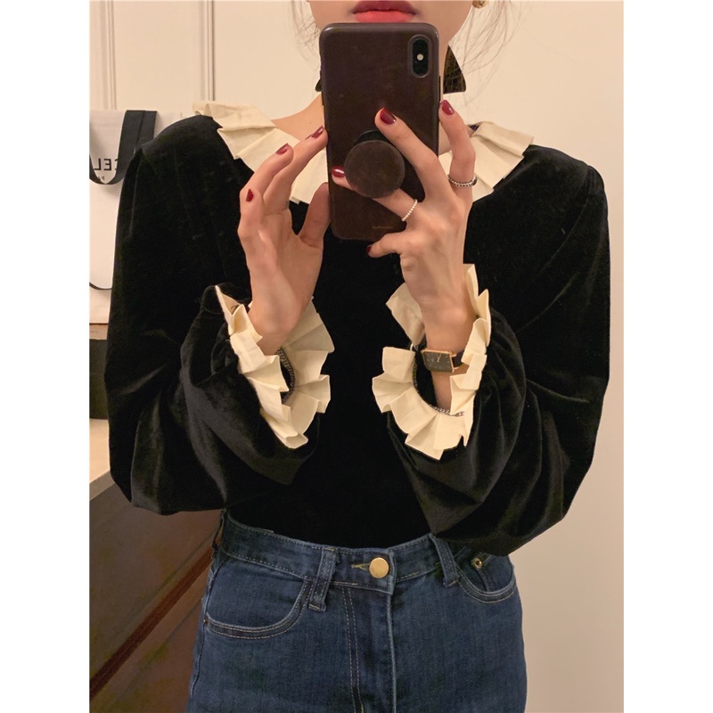 Áo sơ mi peppermint 48427 tay dài chất liệu nhung mềm mại phong cách ngọt ngào cho nữ