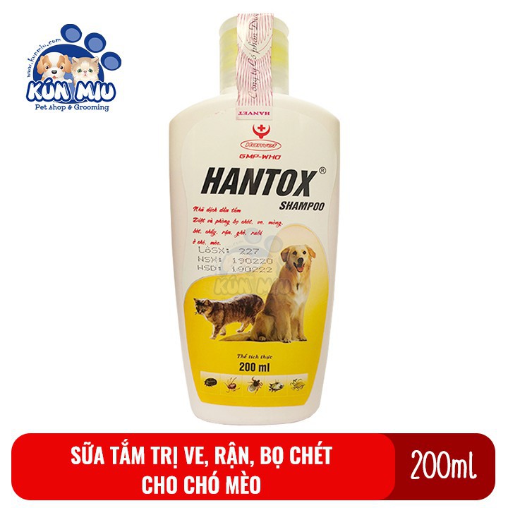 Sữa tắm ve, rận, bọ chét, ký sinh trùng, ghẻ cho chó mèo trưởng thành Hantox vàng 200ml