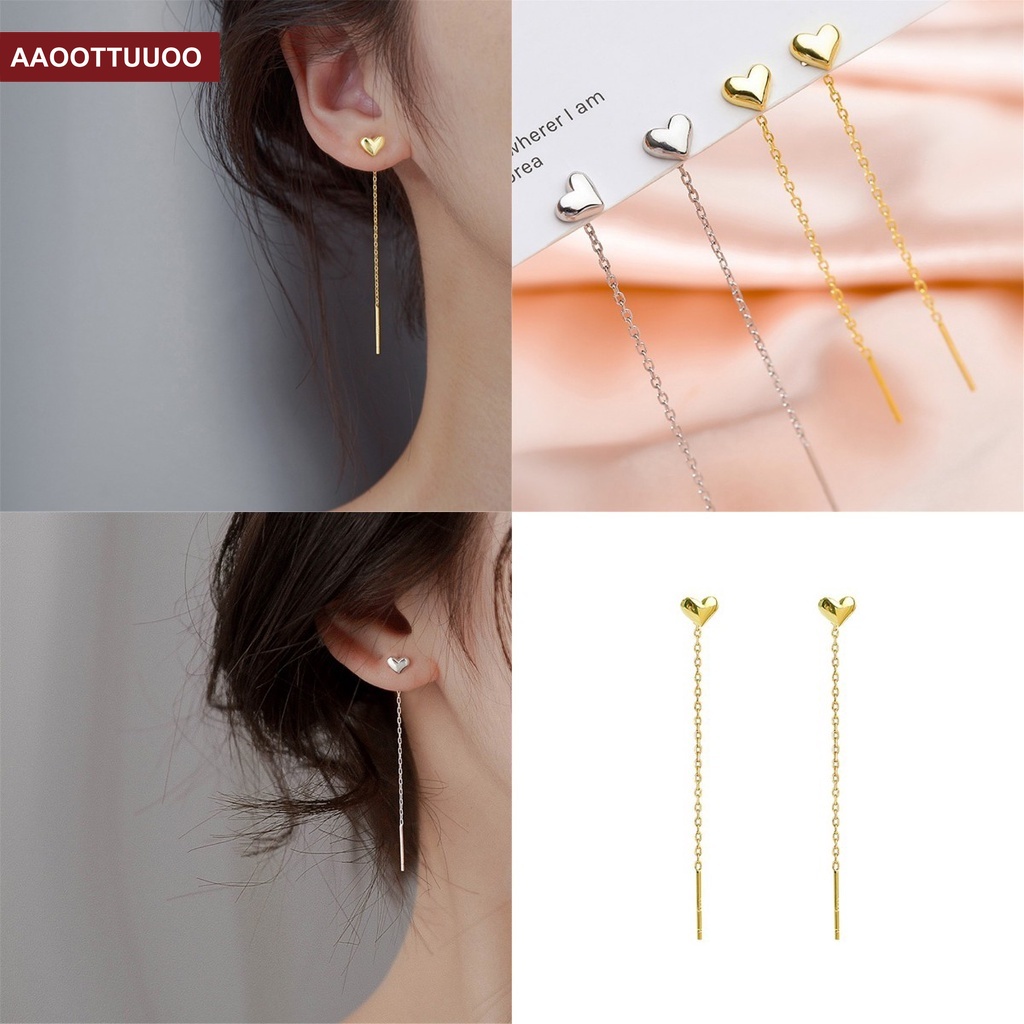 Bông tai dáng dài hình trái tim màu trơn phối tua rua thời trang