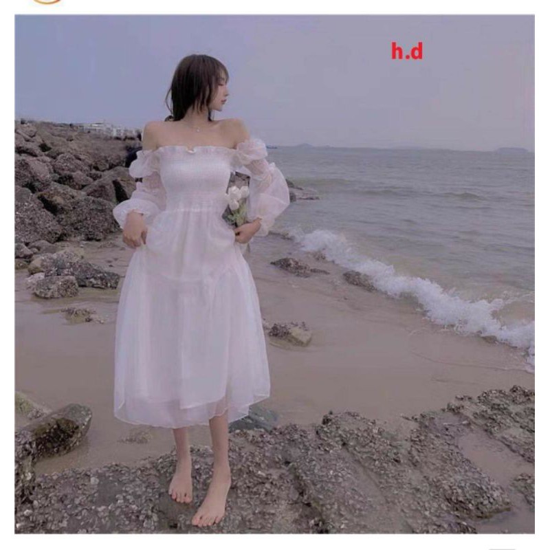 Đầm Trắng Công Chúa Tiểu Thư Tay voan Ulzzang 🏖Váy Chiffon NHÚN NGỰC Trễ Vai or Cổ Vuông | BigBuy360 - bigbuy360.vn