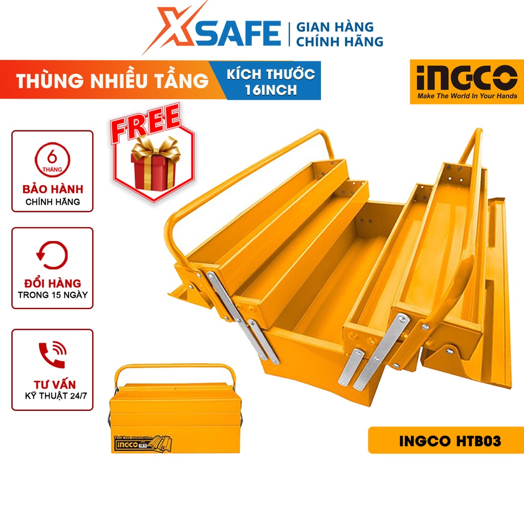 Thùng đựng đồ nghề 3 tầng INGCO HTB03 kích thước 16'' (400x200x195mm), thép cao cấp bền bỉ - chính hãng