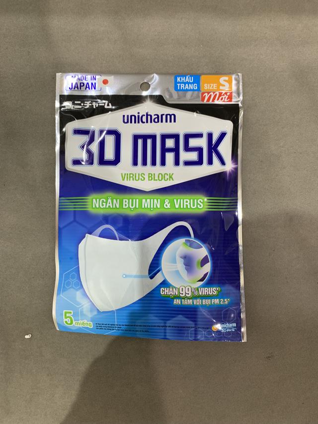 Khẩu trang ngăn vi khuẩn Unicharm 3D Mask Virus Block size S gói 5 cái