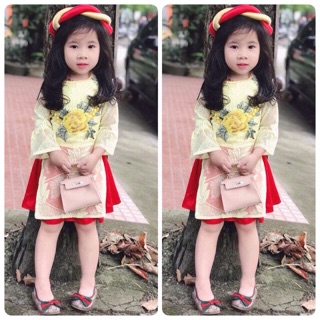 Set áo dài hoa lụa Tết cho bé yêu