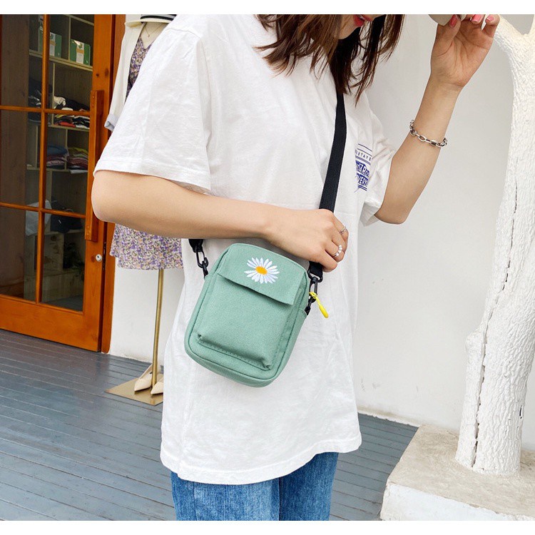 Túi Vải Canvas Đeo Chéo Vai Thêu Hình Hoa Cúc Nhỏ Xinh Thời Trang Vintage Hàn Quốc