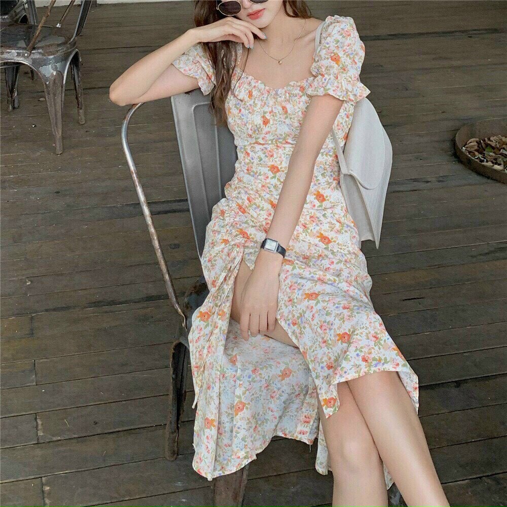 Đầm hoa nhí dáng dài xẻ tà cực xinh cho nàng đi chơi dự tiệc