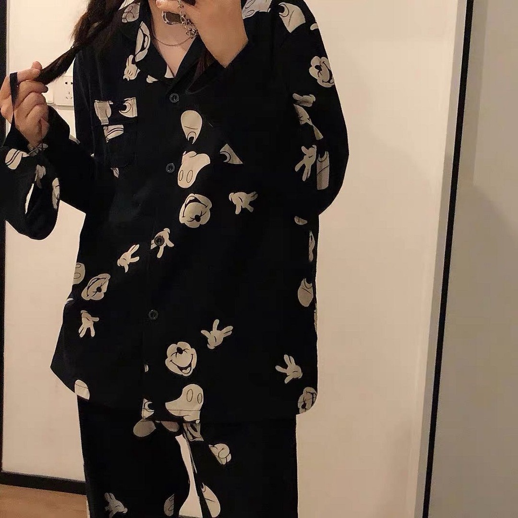 Đen Bộ Đồ Ngủ Tay Dài Dáng Rộng In Hình Chuột Mickey Phong Cách Nhật Hàn Thời Trang Thu Đông Cho Nữ