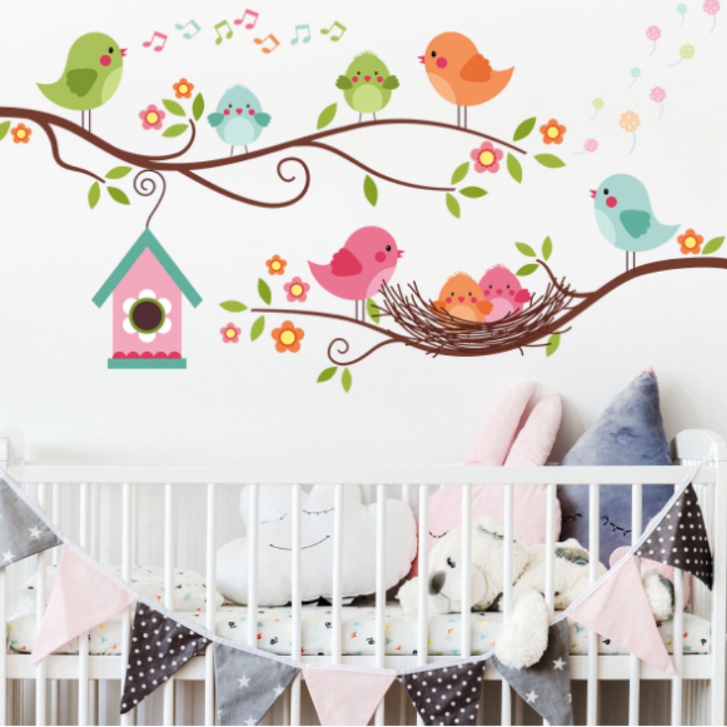 PNB05_Tranh decal dán tường ngôi nhà và gia đình chim nhỏ thích hợp cho phòng ngủ bé/ phòng ngủ/mầm non