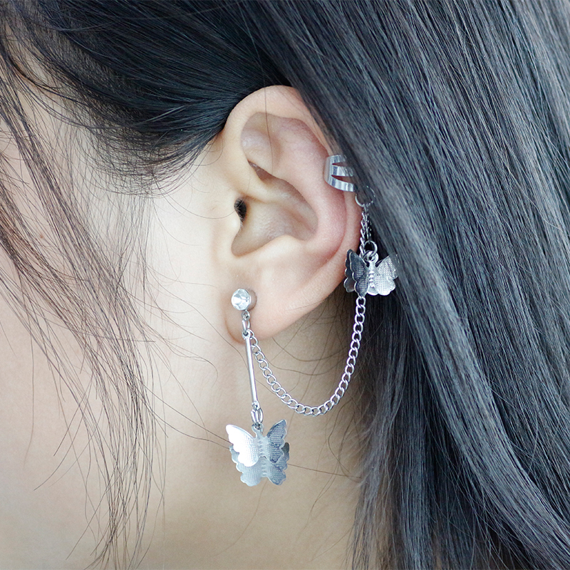 Women Elegant Silver 3D Butterfly Pendant Ear Clip/ Girls Statement Drop Earrings/ Bridal Wedding Party Jewelry Accessories