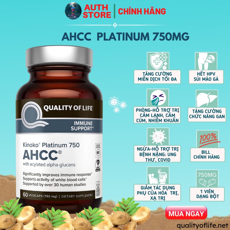 AHCC Kinoko Platinum 750mg 60v hỗ trợ loại bỏ hết virus HPV, hết sùi mào gà