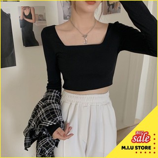 Áo croptop thun trơn cổ vuông form ôm dài tay