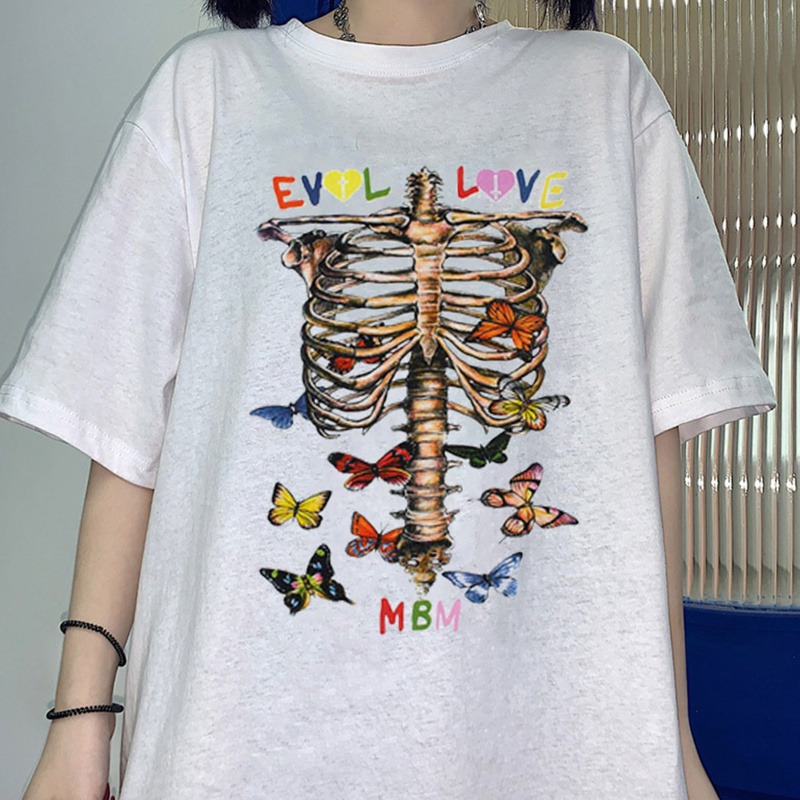 Brroa Áo Thun Tay Ngắn Oversize In Hình Bộ Xương Ngực Nhiều Màu Sắc Phong Cách Gothic Punk Harajuku Cho Nữ