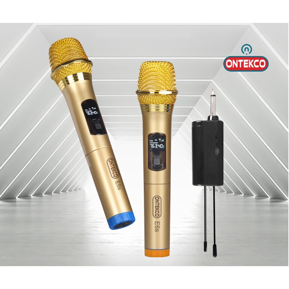 Bộ micro không dây ONTEKCO E6s màu vàng, hút âm mạnh, hát karaoke dùng cho mọi loa kéo, amply gia đình
