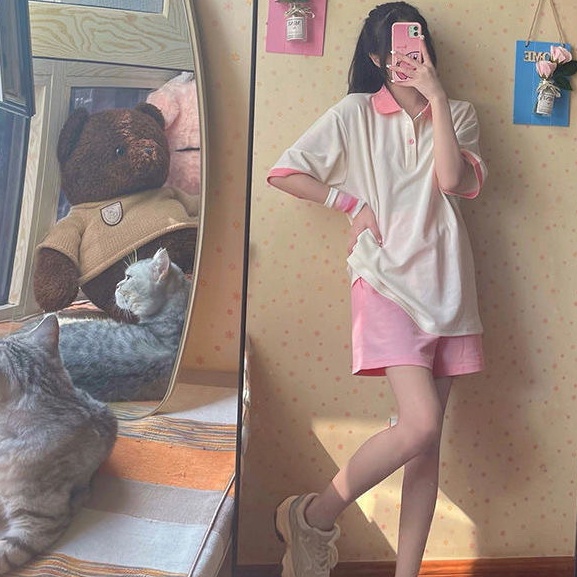 Set Đồ Thể Thao Ngắn Có Cổ Màu Hồng Trắng Mới Dành Cho Nữ