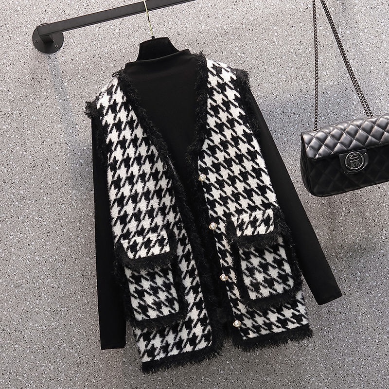 Áo sweater dệt kim RENJIANVSHENG Xiaoxiang sát nách họa tiết houndstooth nhẹ nhàng phong cách Hàn Quốc cho nữ