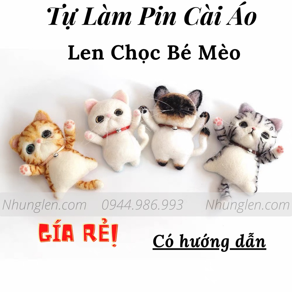 Tự làm Pin cài áo từ len chọc hình Con Mèo, Có Video hướng dẫn - Needle Felting Cat