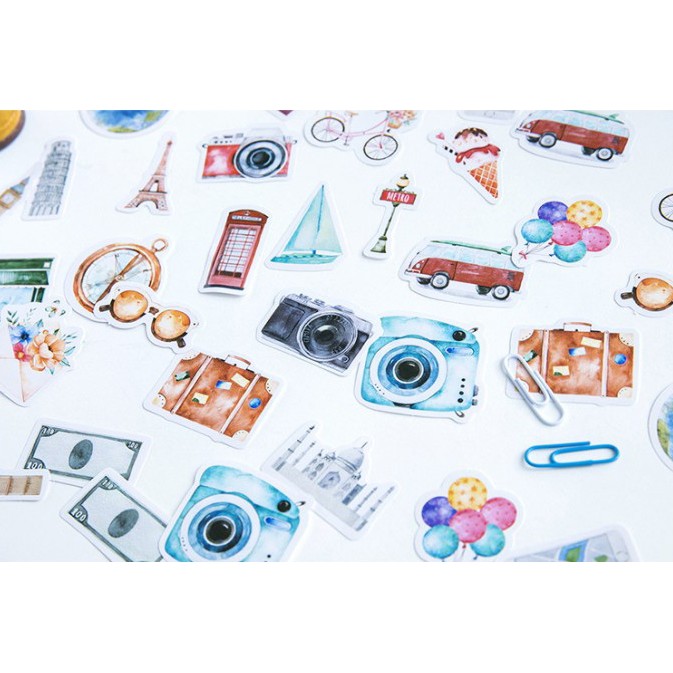 Hộp 46 miếng sticker mẫu du lịch và máy ảnh
