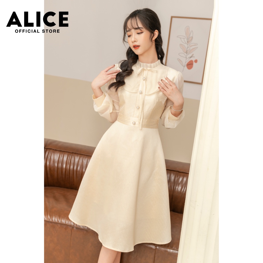 Váy Dự Tiệc Sang Chảnh ALICE Thiết Kế Dài Tay Tiểu Thư Eo Dập Ly Phối Tơ Lụa V739 | BigBuy360 - bigbuy360.vn