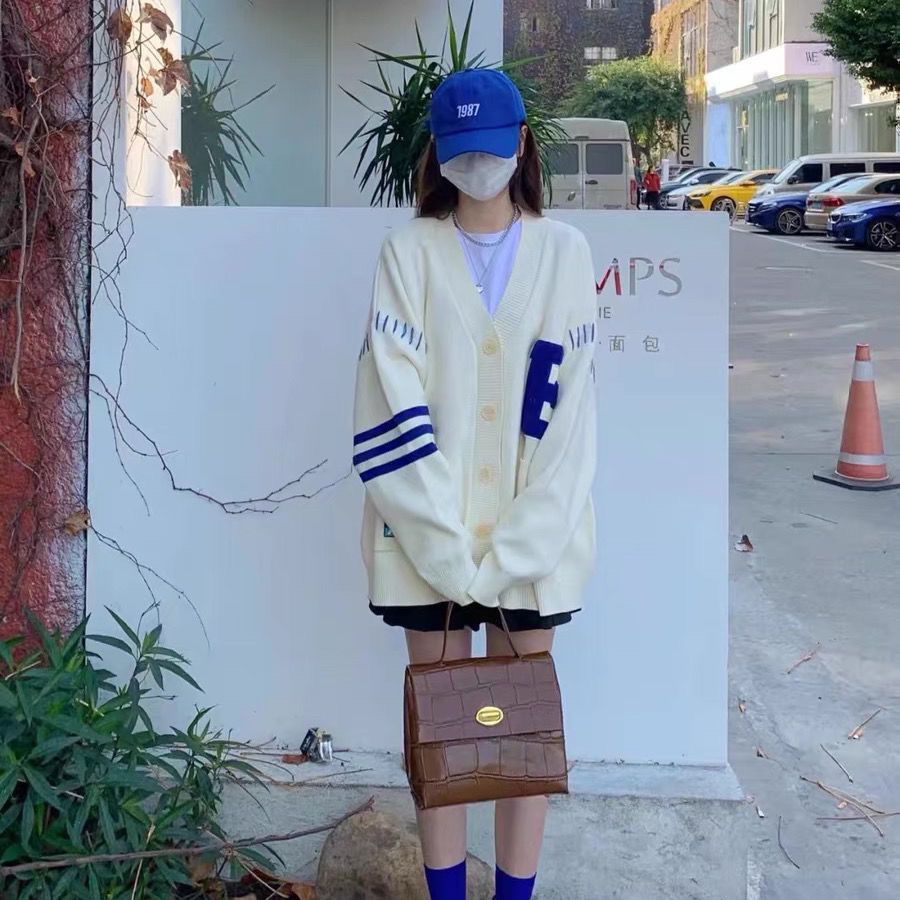 Áo Khoác Cardigan Thêu Chữ Phối Màu Phong Cách Hàn Quốc Thời Trang Mùa Xuân Mới Cho Nữ