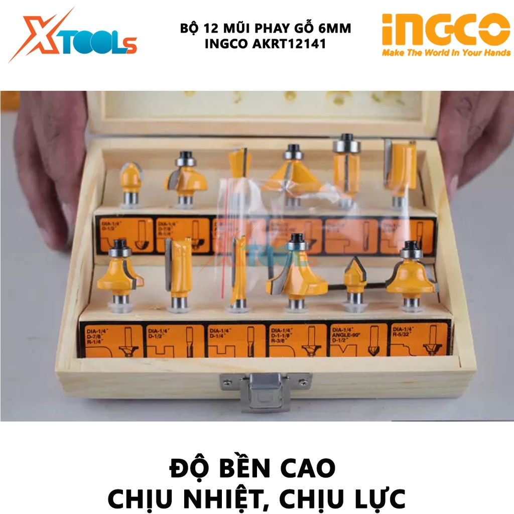 Bộ 12 mũi phay gỗ INGCO AKRT12141 bộ dao phay gỗ 12 chi tiết Đường kính mũi 6.3mm, cắt, khoan, đục vật liệu kim loại, gỗ