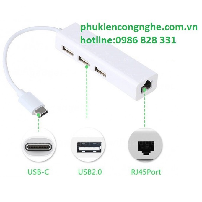 Cáp chuyển đổi USB type C ra 3 cổng USB 2.0 + cổng lan RJ45
