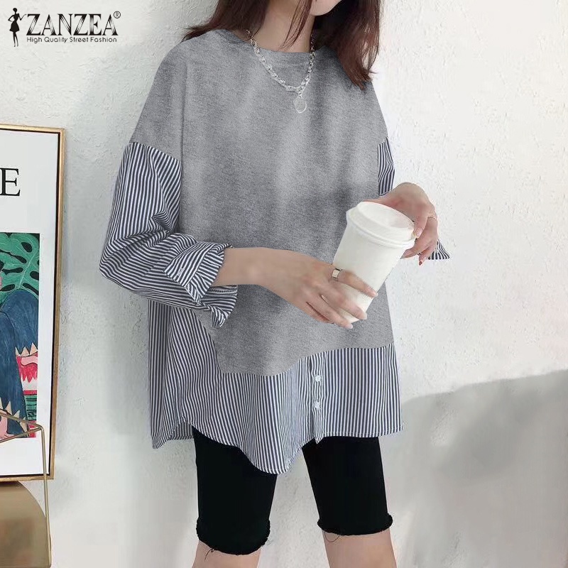 Áo kiểu ZANZEA giả hai lớp kẻ sọc tay dài cổ chữ O thời trang cho nữ