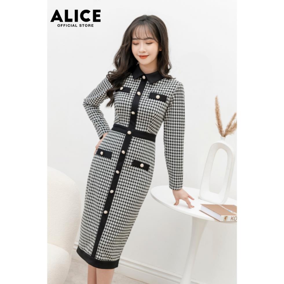 KJ Váy Body Dài Tay Màu Ghi ALICE Chất Vải Thun Umi Hàn Mềm Mại Cao Cấp Thiết Kế Cổ Sơ Mi Đính Cúc Ngọc V732