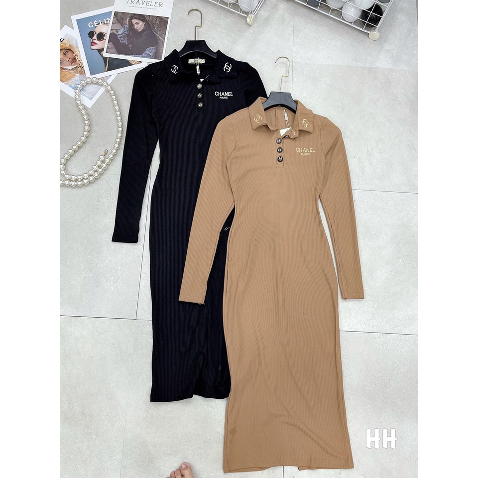 Đầm Body Phom Dài Dáng Xòe Cổ tim Tay dài Chất Thun Gân Thích Hợp Mặc Đi Tiệc Đi Làm Đi Chơi