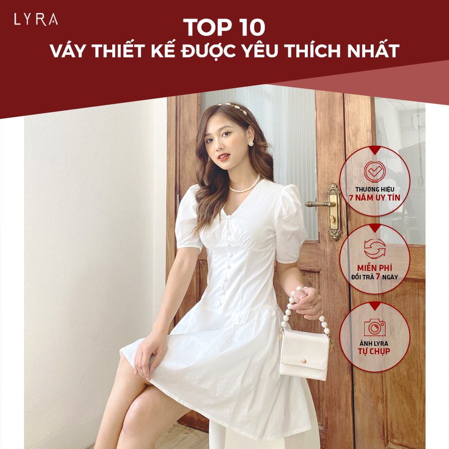 Váy cổ V tay phồng lỡ đính cúc bọc  nữ thiết kế by LYRA, vải thô mềm dáng xòe tiểu thư xinh xắn-LXYTVD100