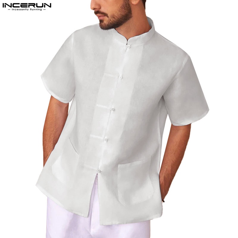 Áo sơ mi Incerun bằng cotton ngắn tay cổ đứng phối nút phong cách cổ trang Trung Hoa dành cho nam