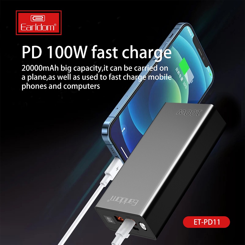 Sạc Dự Phòng 100W hai cổng sạc, màn hình hiển thi phần trăm pin Earldom Dung Lượng 20.000mAh PD – 11 Sạc Cho Cả Macbook