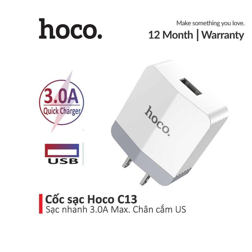 Củ sạc nhanh 3A Hoco C13 chuôi dẹt chất liệu nhựa ABS chống cháy tương thích mọi thiết bị