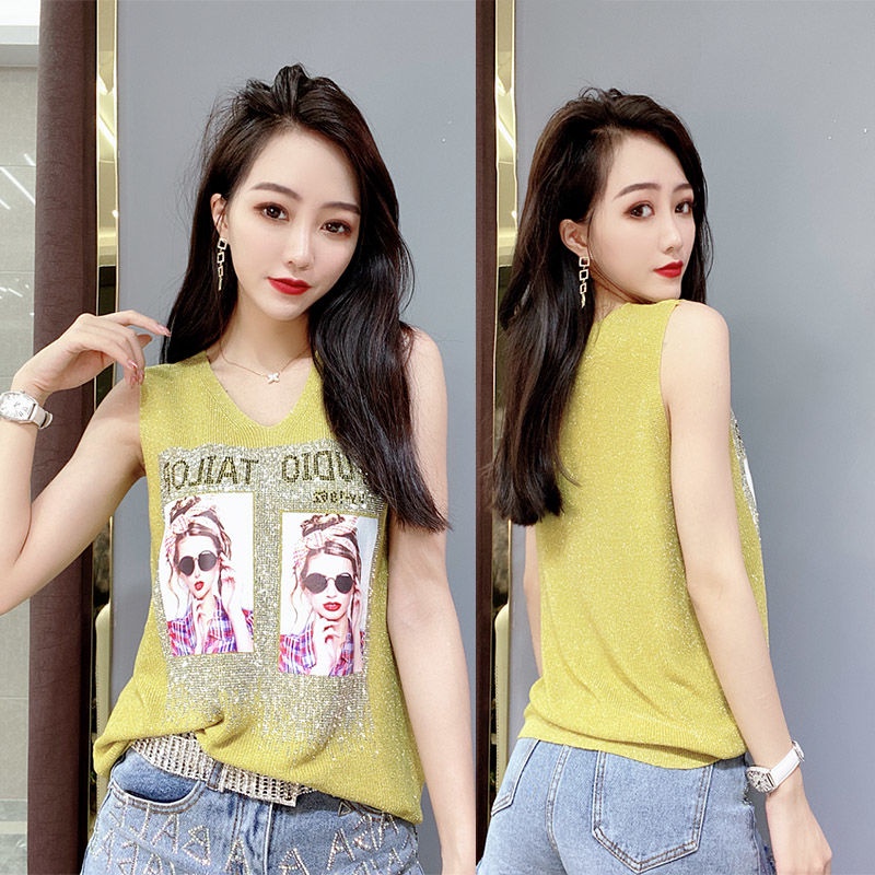 Áo Hai Dây Cổ Chữ V Dáng Rộng Bằng Lụa Sáng Lấp Lánh Đính Đá Thời Trang Mùa Hè Hàng Mới Dễ Phối Đồ Dành Cho Bạn Nữ