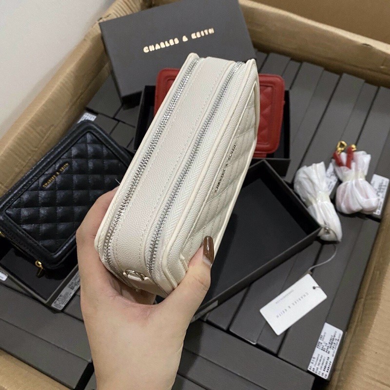 Ví Dài CNK Trám Hộp Hai Khoá Kéo Quilted Long Wallet Hàng Fullbox Có Dây Đeo