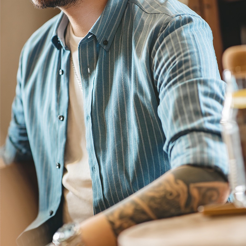 Áo sơ mi sọc nam Oxford Shirt màu xanh/xám