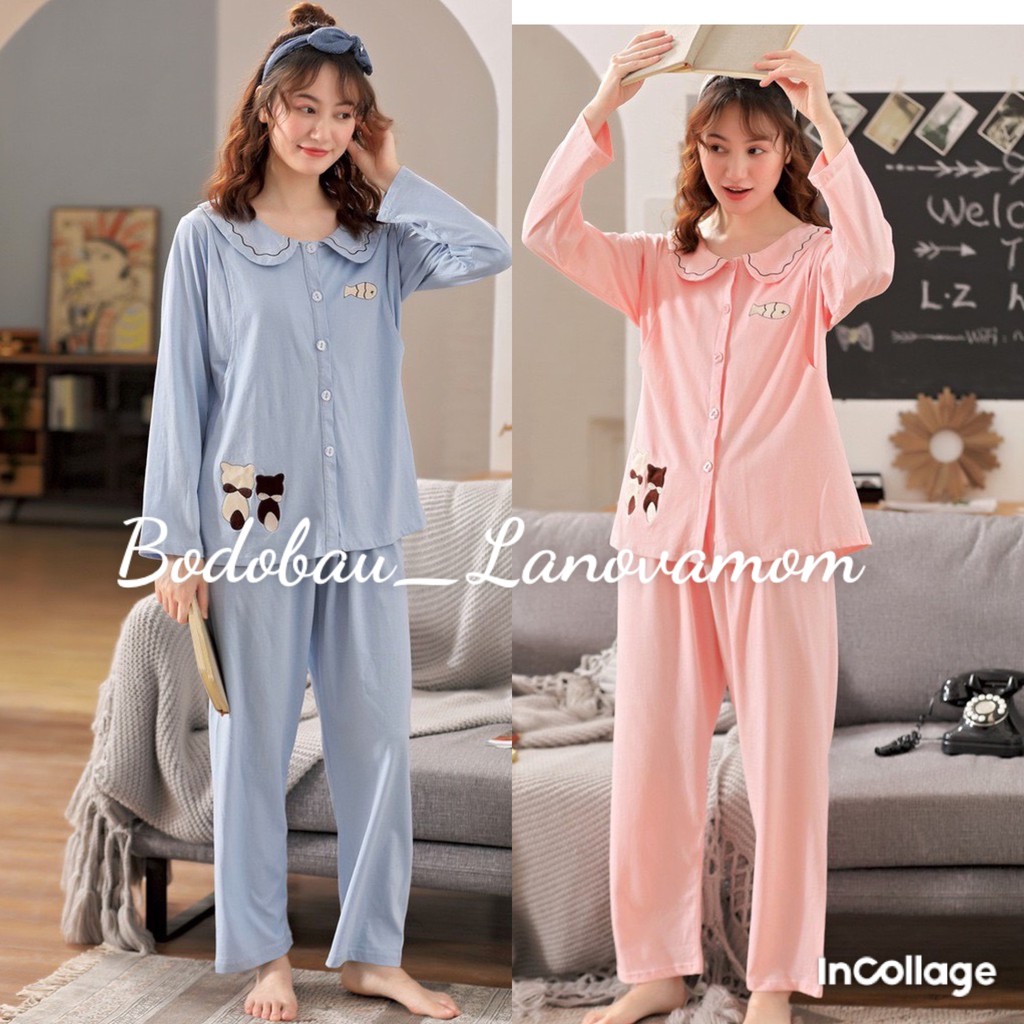 Bộ đồ bầu dài tay thời trang chất cotton_ Bộ đồ mặc nhà họa tiết thêu cá xinh xắn BD913