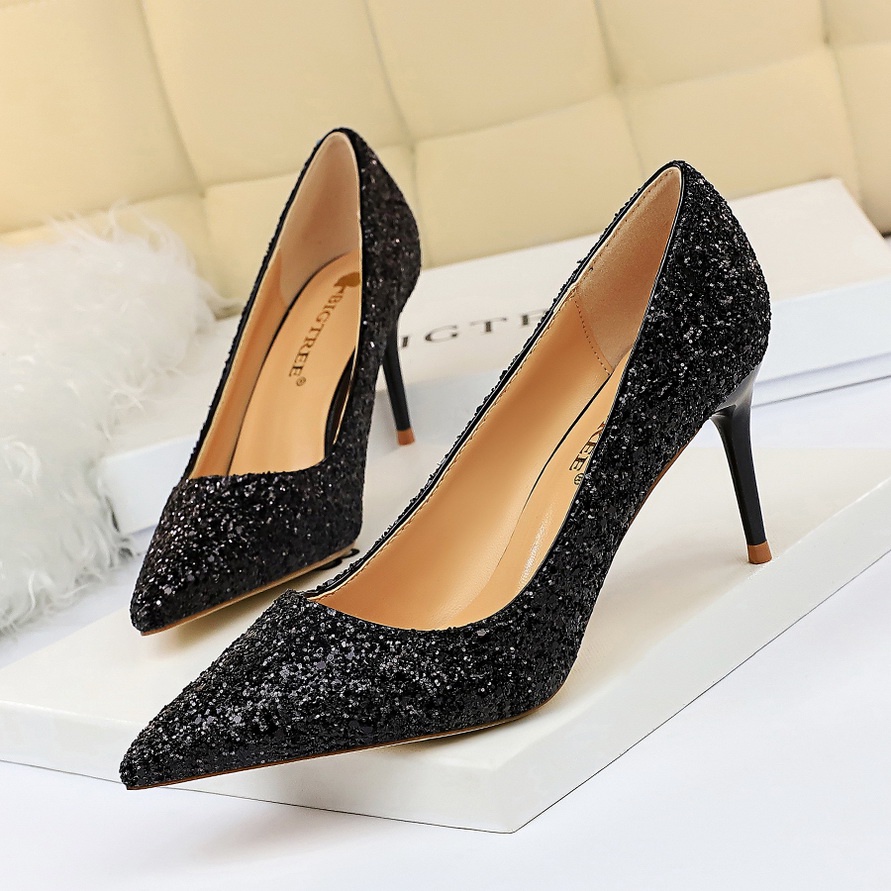 9219-A1 Giày Cao Gót BIGTREE Phong Cách Âu Mỹ Kim Tuyến Sequins Gót Nhọn 7 Cm - Hãng Chính Hãng