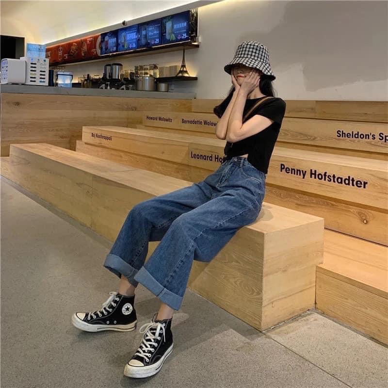 Quần jean nữ ống suông phom rộng cạp cao lưng cao xanh đậm tiểu thư phong cách Ulzzang Hàn Quốc đủ size loại đẹp | BigBuy360 - bigbuy360.vn