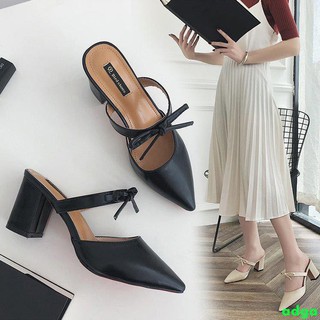 Giày cao gót mũi nhọn quai hậu có nơ màu đen A60