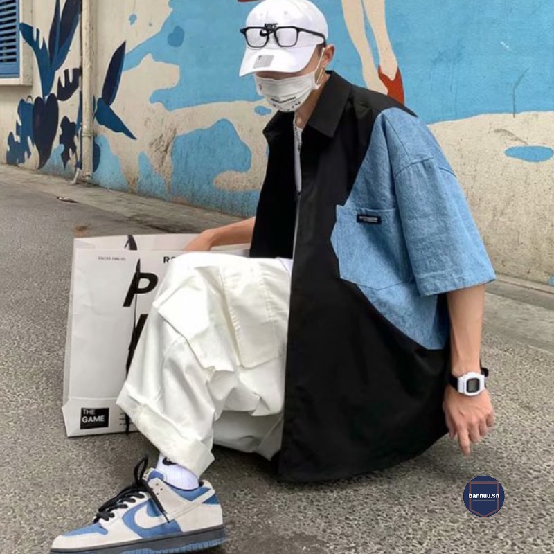 Áo Sơ Mi Nam Ngắn Tay Phối áo sơ mi unisex Thời Trang áo sơ mi nữ phong cách Hàn Quốc from rộng áo sơ mi lụa nam