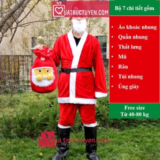 Bộ quần áo ông già noel 7 chi tiết đầy đủ người lớn vải nhung/bơm hơi (cỡ 40-80kg)