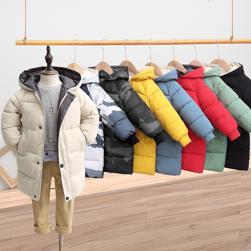 Áo phao dáng dài cho bé HK KIDS, áo khoác phao kèm mũ chất liệu siêu nhẹ, cản gió giữ ấm mùa đông sz từ 3 đến 10 tuổi