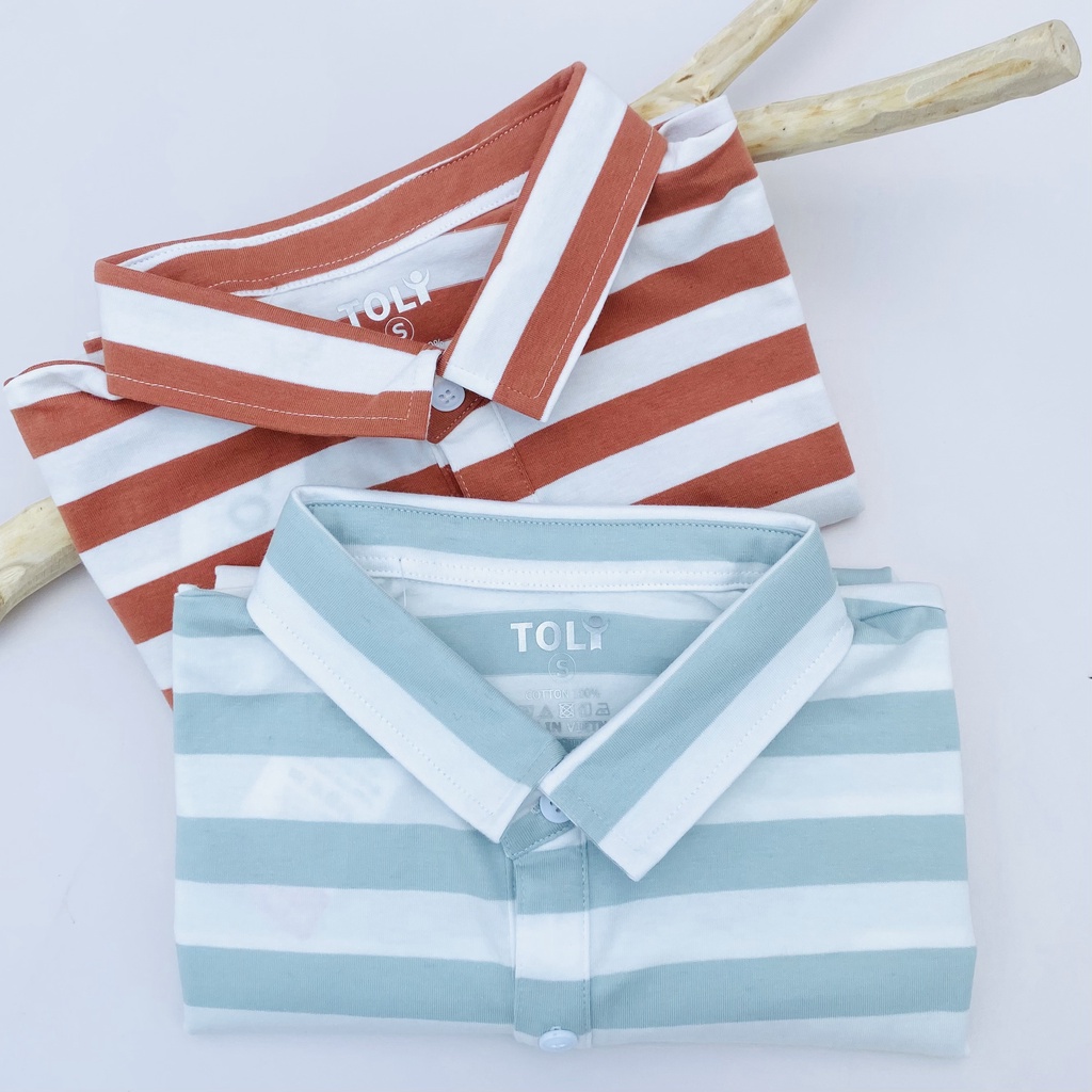 Áo thun nữ Polo cổ sơ mi TOLI, chất cotton 4 chiều mềm mịn, co dãn Sọc ngang 2cm màu ngói thời trang