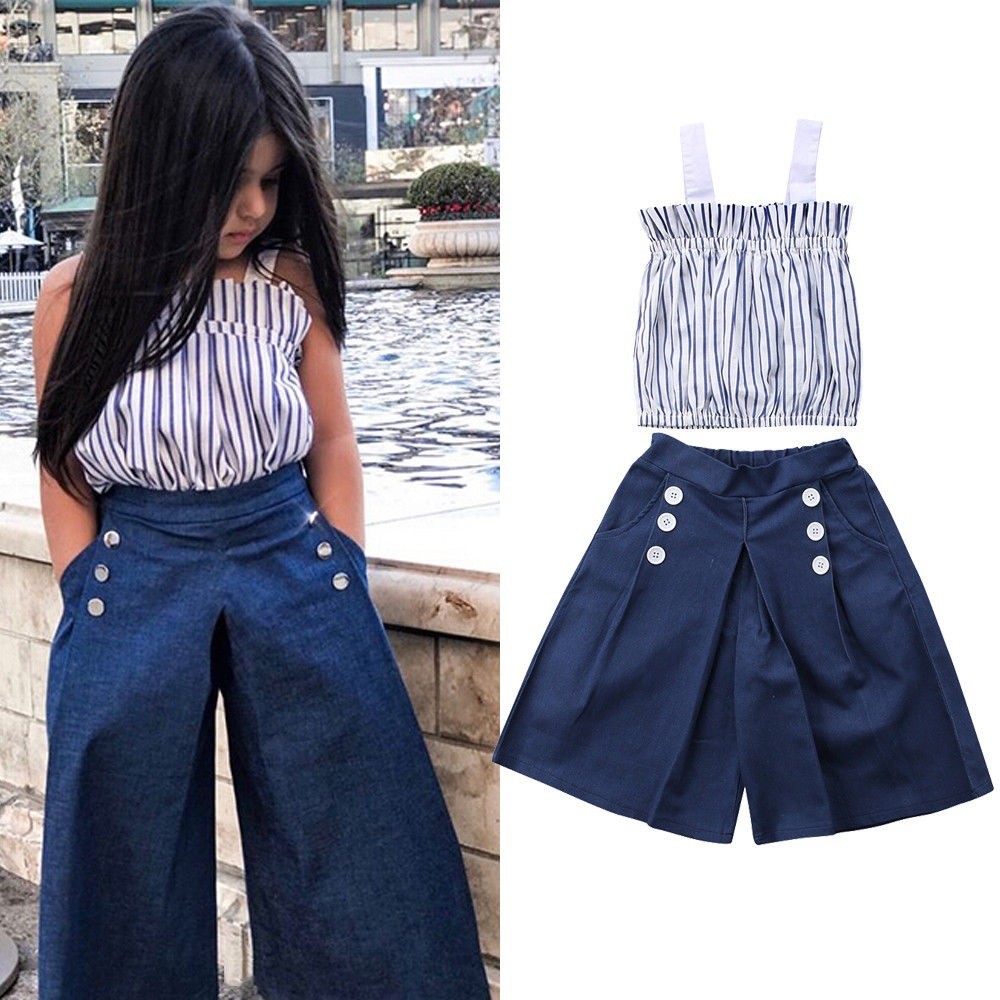 Set Áo Hai Dây Kẻ Sọc Dọc + Quần Denim Ống Rộng Thời Trang Mùa Hè Cho Bé Gái