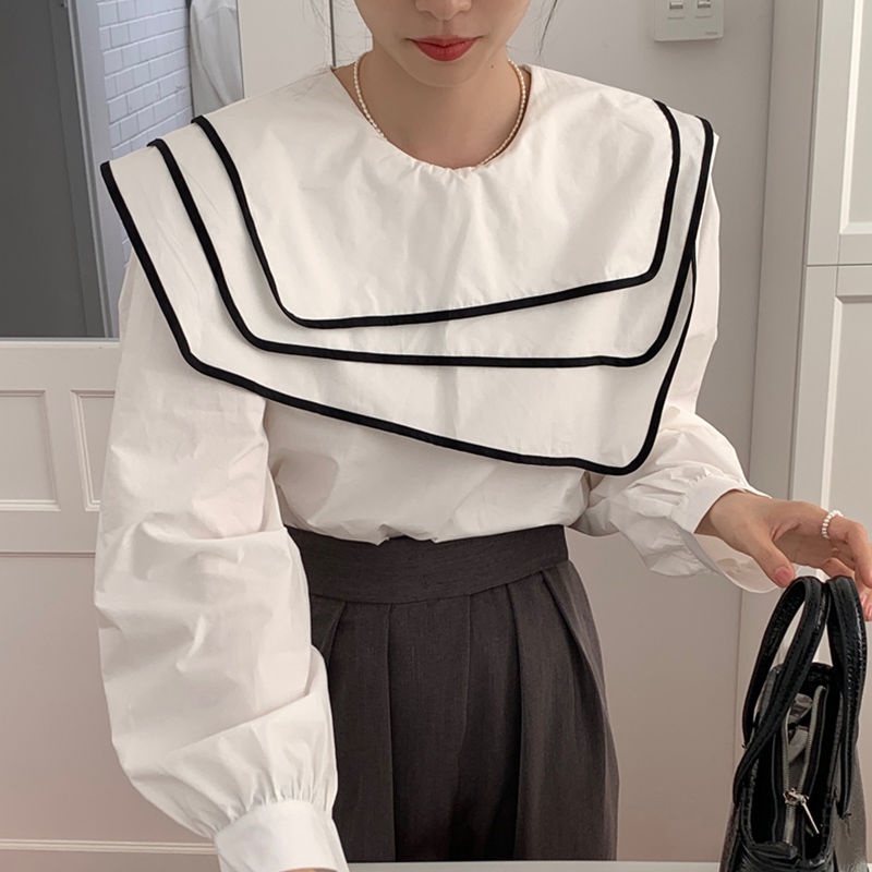 Áo Sơ Mi Tay Phồng Ba Lớp Màu Sắc Tương Phản Phong Cách Hàn Quốc Thời Trang Cho Nữ