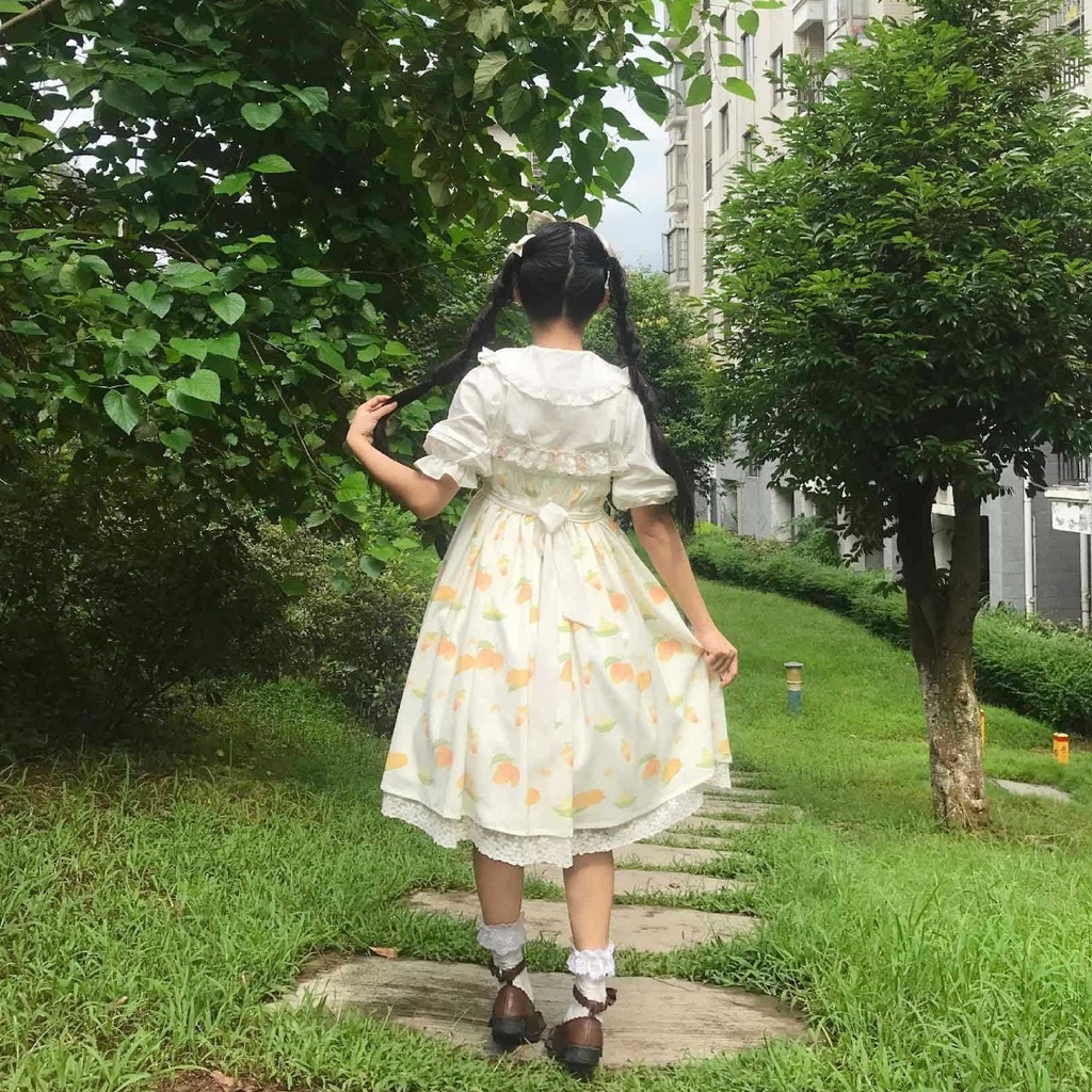 Đầm Lolita Hai Dây Vải Cotton Họa Tiết Xoài Dễ Thương Cho Nữ váy babydoll