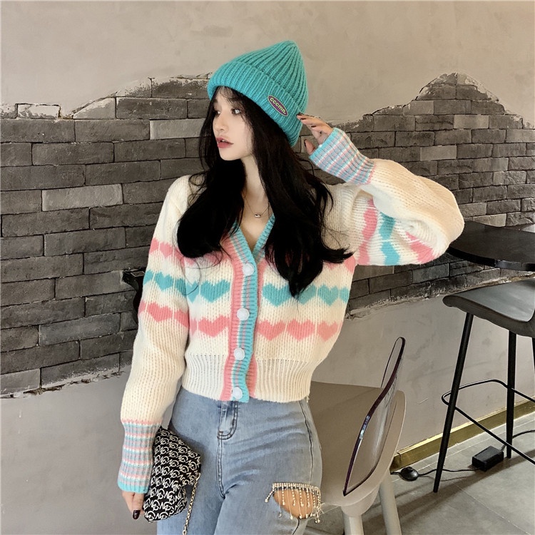 Áo Khoác Cardigan Dệt Kim Cổ Chữ V Màu Sắc Ngọt Ngào Cho Nữ