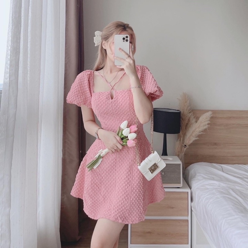 M143 Đầm xốp xoè thiết kế cổ dây chéo( Ảnh shop chụp thật)