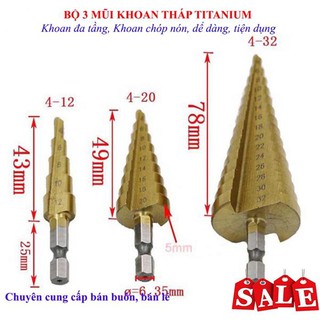 Bộ 3 mũi khoan tầng hình tháp 4-32mm khoan sắt,tôn