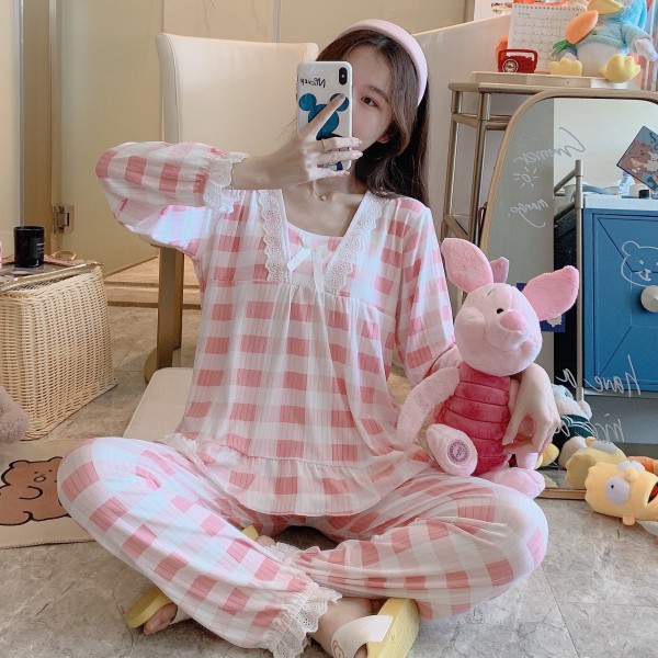 Pijama- Bộ Ngủ Nữ Dài Tay Phối Ren Nơ Cách Điệu DDTT01