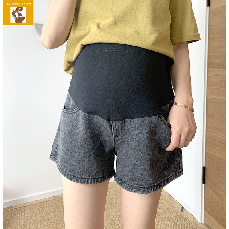 Quần đùi bầu cạp cao - quần sooc bò bà bầu short jeans mùa hè có đáp bụng, có chun rút điều chỉnh bigsize 85kg